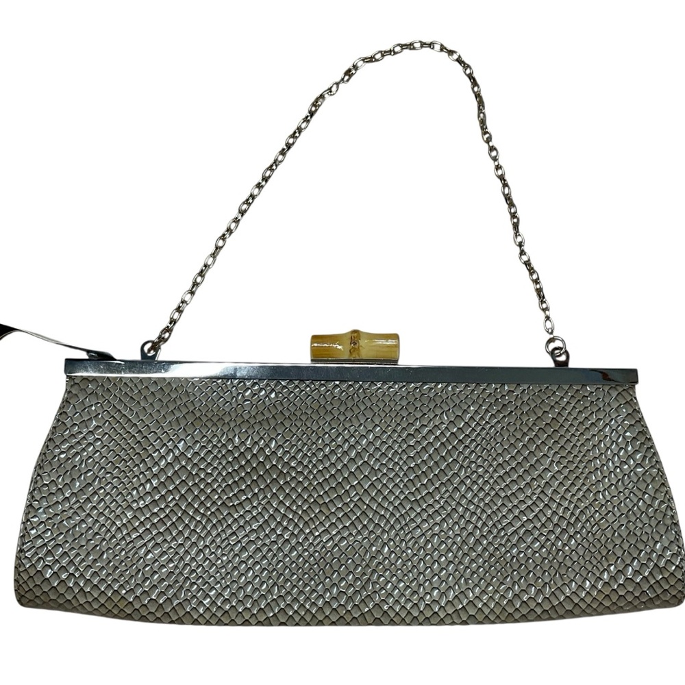 NWT Ann Taylor Snake-Embossed Gold Frame Clutch Gold Chain Wooden Kiss Closure